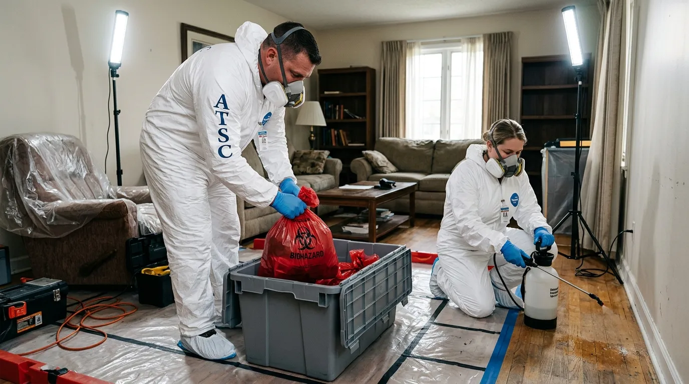 Professional Hoarding Cleanup technician in full PPE working in Ellisville